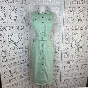 New York & Company Green Denim Button Up Dress Medium 90's Casual Retro